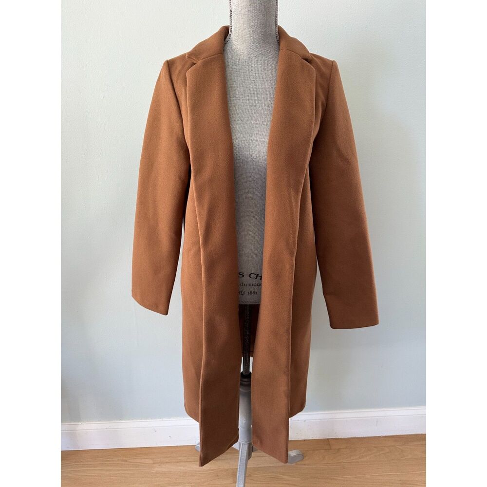 Zara Camel Brown Longline Coat Open Front Overcoat Trench Jacket size Large